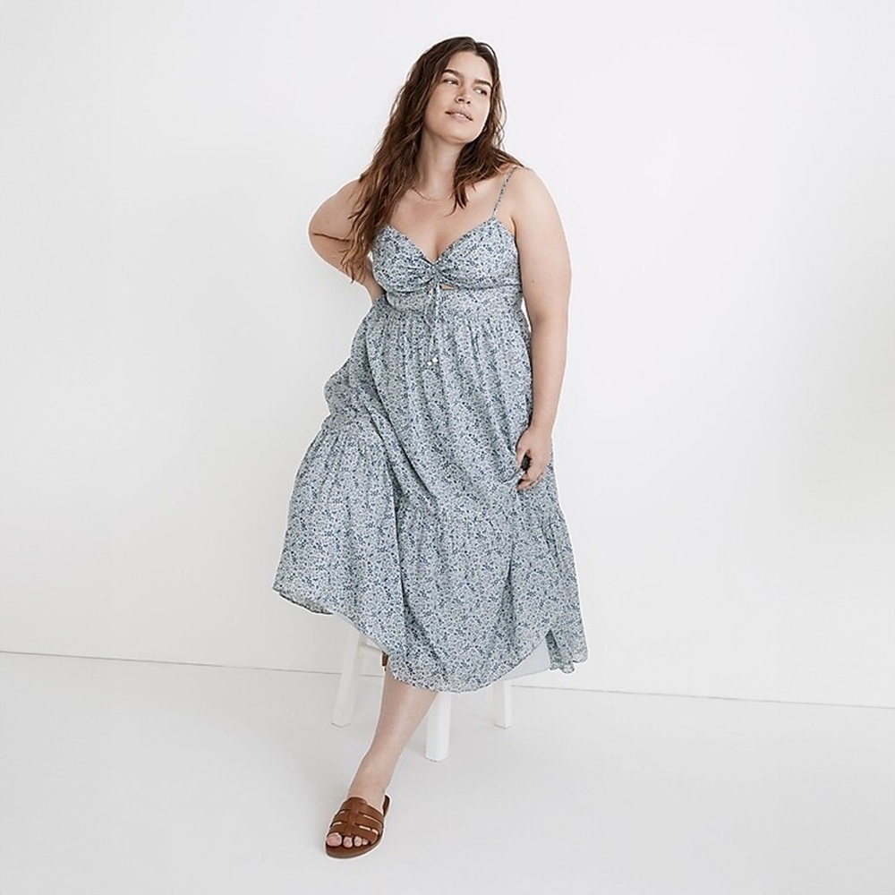 Madewell Silk Ruched Keyhole Tiered Midi Dress Florentine Floral Glassware Blue